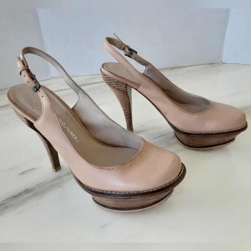 LISA for DONALD PLINER Wood Heel Stiletto Beige Platform Slingback Sz 6.5 - Picture 3 of 12